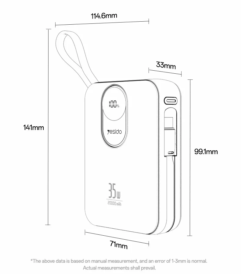 YESIDO YP94 20000mAh Digital Display Portable Charger 35W Fast Charging Power Bank Built-in Type-C + iP Cables 13