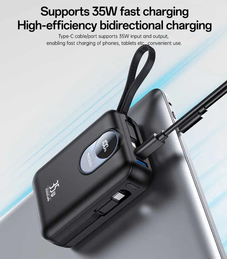 YESIDO YP94 20000mAh Digital Display Portable Charger 35W Fast Charging Power Bank Built-in Type-C + iP Cables 3