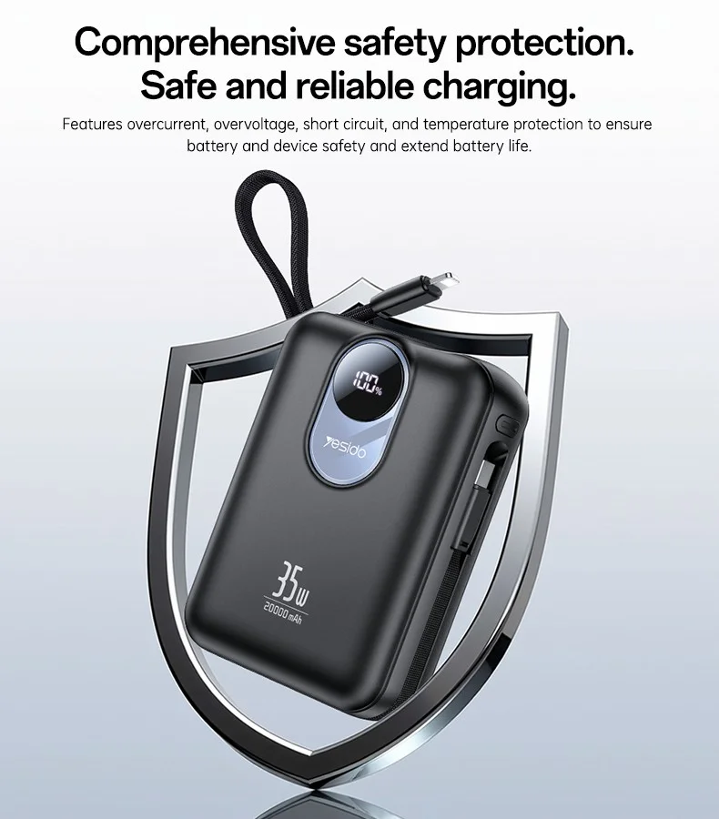 YESIDO YP94 20000mAh Digital Display Portable Charger 35W Fast Charging Power Bank Built-in Type-C + iP Cables 6