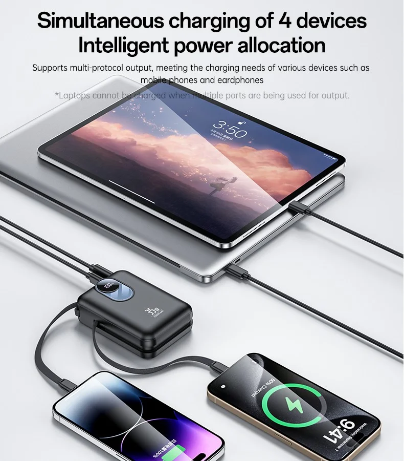 YESIDO YP94 20000mAh Digital Display Portable Charger 35W Fast Charging Power Bank Built-in Type-C + iP Cables 7