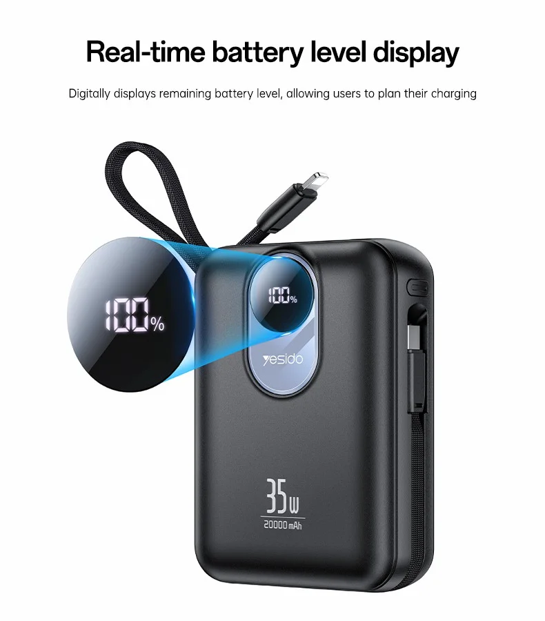 YESIDO YP94 20000mAh Digital Display Portable Charger 35W Fast Charging Power Bank Built-in Type-C + iP Cables 8