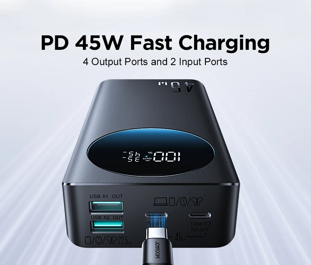 JOYROOM JR-PBF02 Pro 20000mAh Power Bank 45W Fast Charging Digital Display Portable Charger with 4 Port Output - Black 1