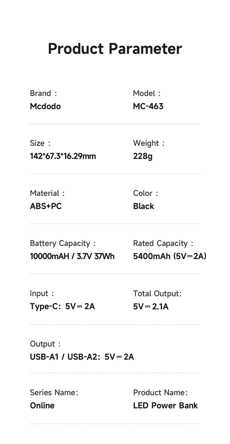 MCDODO MC-4631 Online Series 10000mAh LED Power Bank Dual USB Output Battery Pack, Black 13