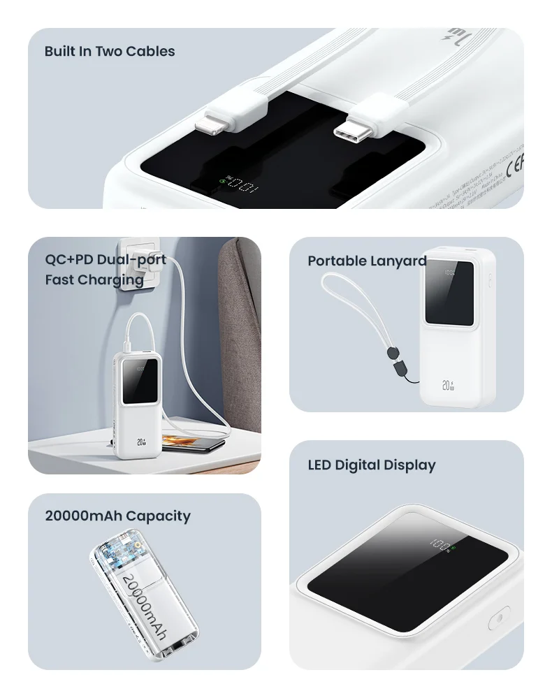 USAMS X-chel Series US-CD212 PD 20W+QC3.0 Dual-Port Digital Display Fast Charging Power Bank with Built-in 2 Cables - Purple 2
