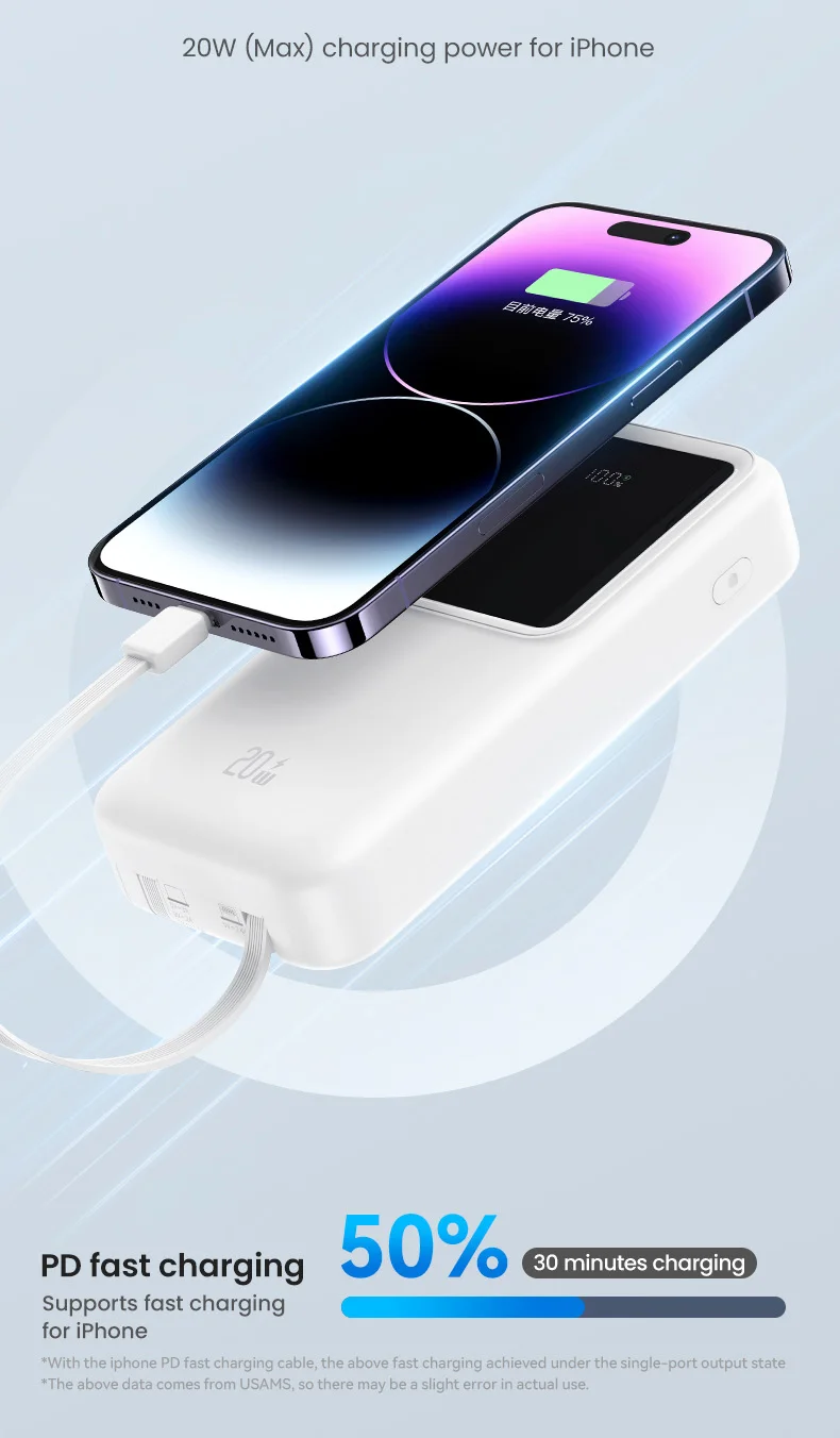 USAMS X-chel Series US-CD212 PD 20W+QC3.0 Dual-Port Digital Display Fast Charging Power Bank with Built-in 2 Cables - Purple 5