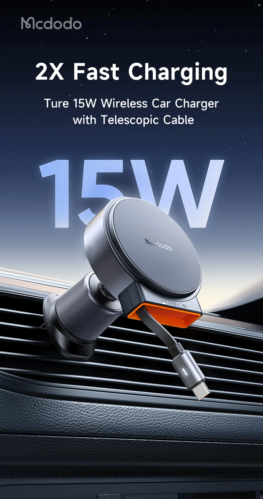 MCDODO CH-3000 Car Air Outlet 15W Magnetic Wireless Car Charger with Built-In Retractable Cable 1