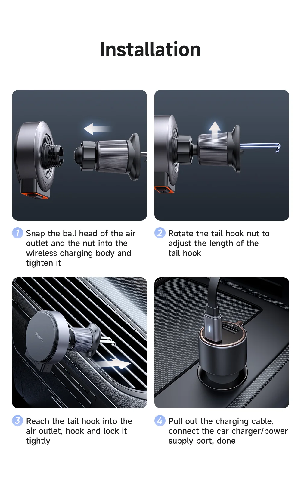 MCDODO CH-3000 Car Air Outlet 15W Magnetic Wireless Car Charger with Built-In Retractable Cable 17