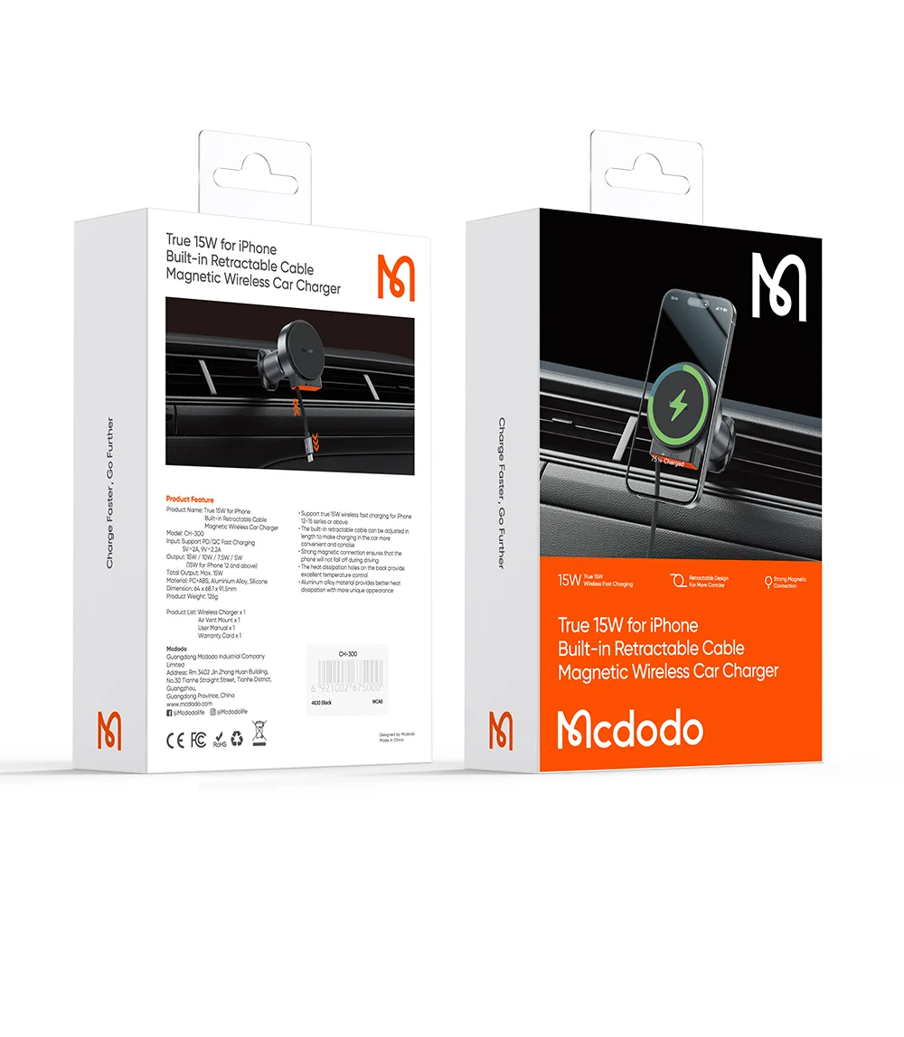 MCDODO CH-3000 Car Air Outlet 15W Magnetic Wireless Car Charger with Built-In Retractable Cable 19