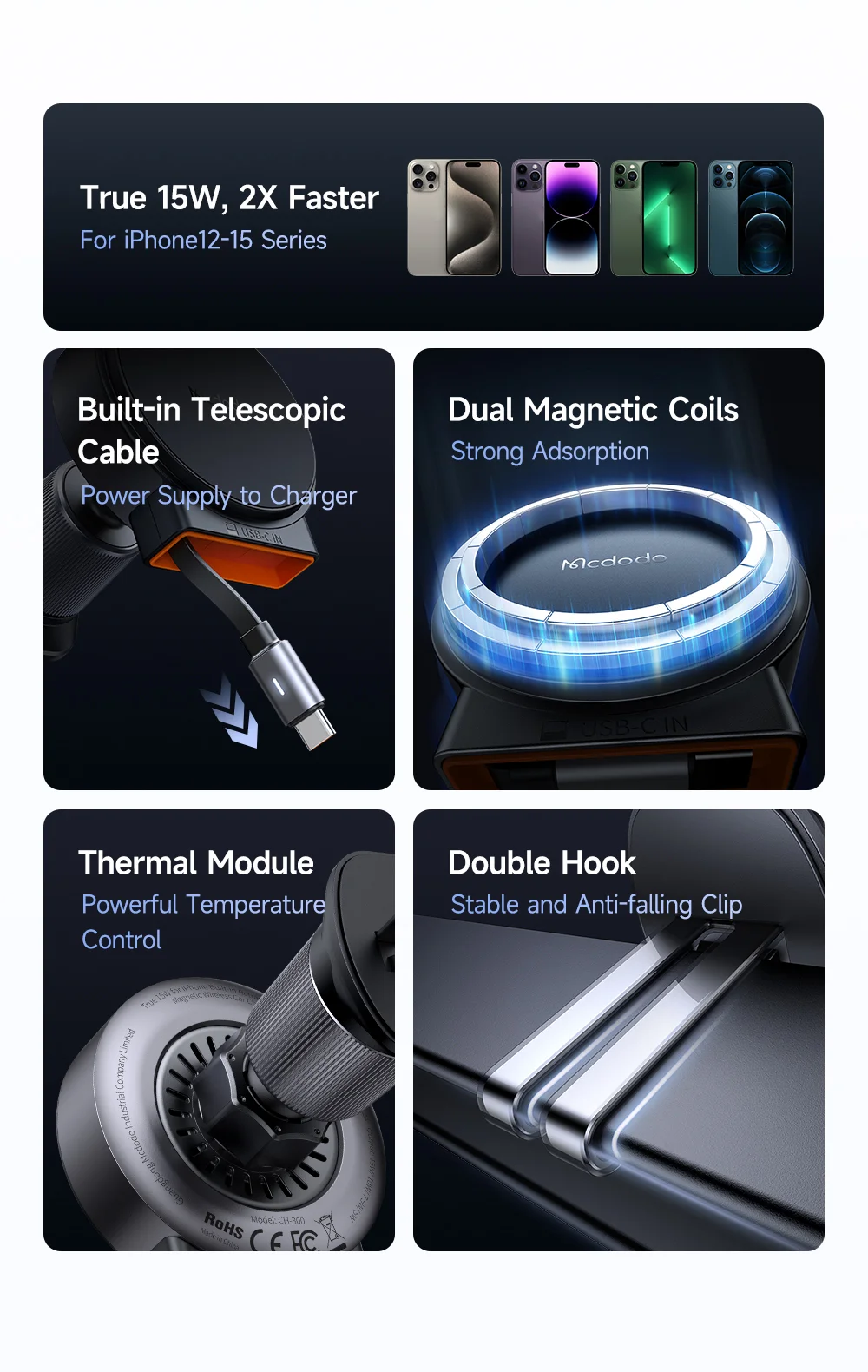 MCDODO CH-3000 Car Air Outlet 15W Magnetic Wireless Car Charger with Built-In Retractable Cable 2