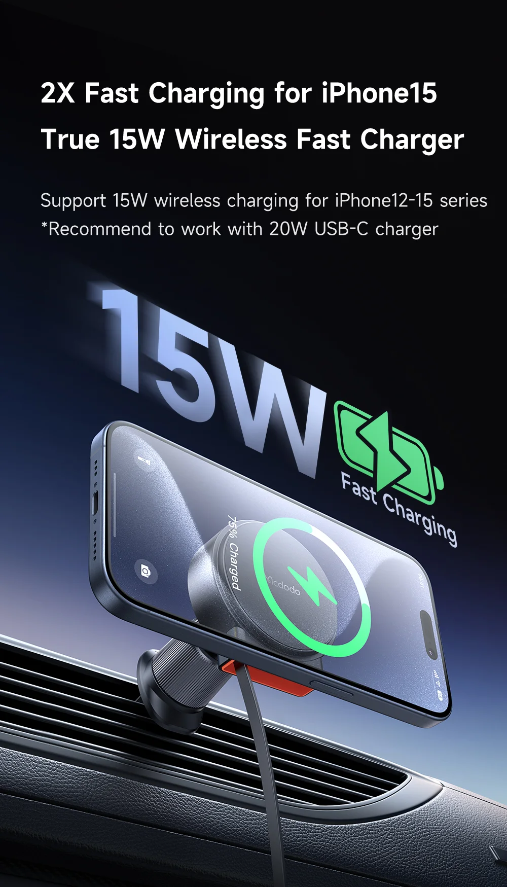 MCDODO CH-3000 Car Air Outlet 15W Magnetic Wireless Car Charger with Built-In Retractable Cable 3