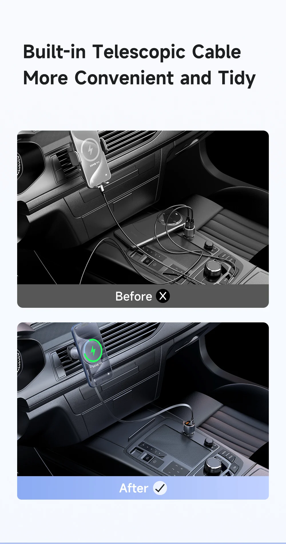 MCDODO CH-3000 Car Air Outlet 15W Magnetic Wireless Car Charger with Built-In Retractable Cable 5