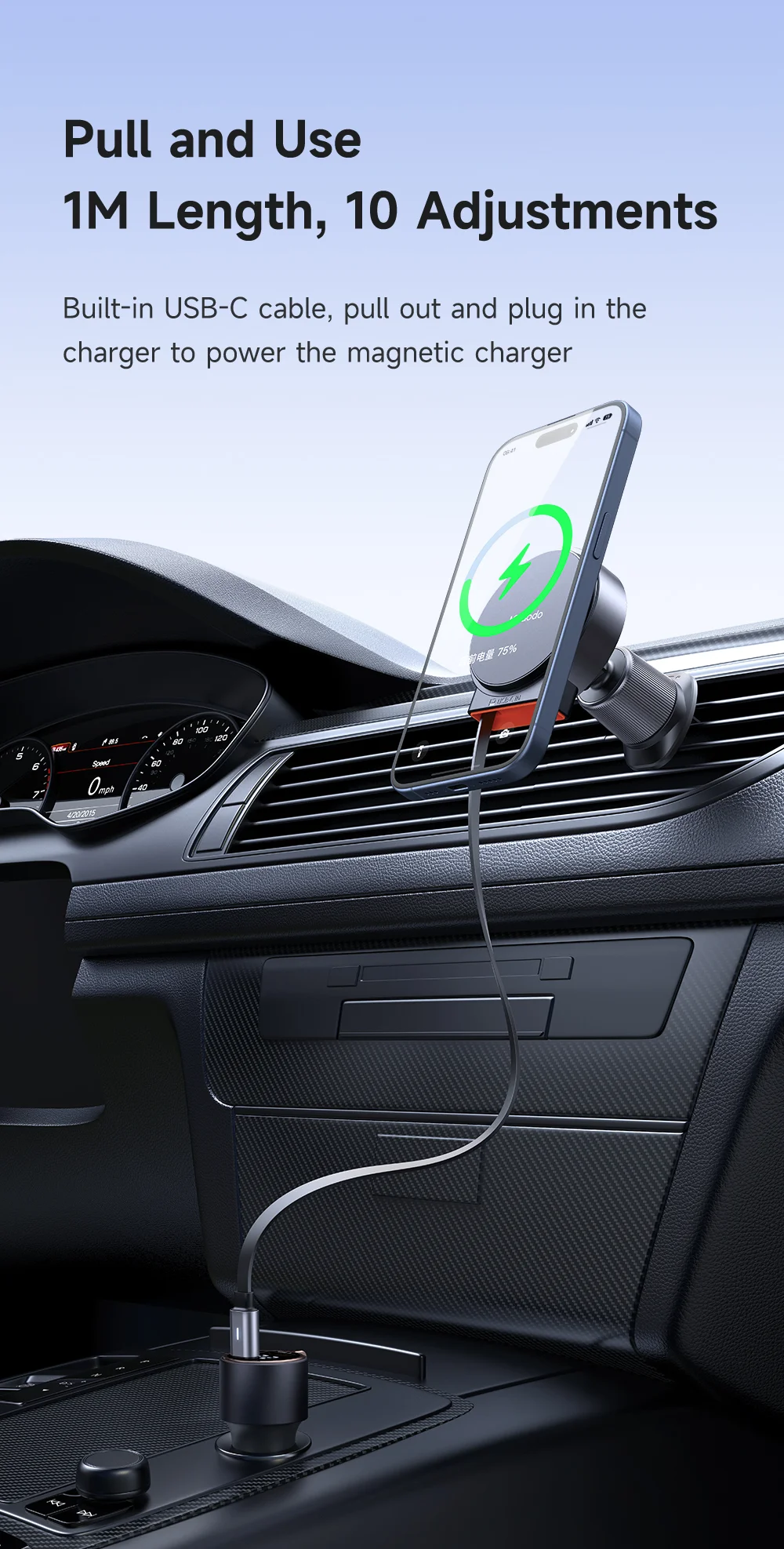 MCDODO CH-3000 Car Air Outlet 15W Magnetic Wireless Car Charger with Built-In Retractable Cable 6