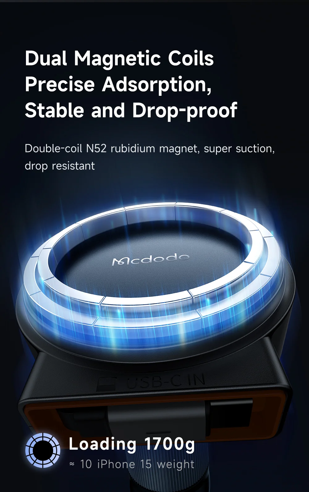 MCDODO CH-3000 Car Air Outlet 15W Magnetic Wireless Car Charger with Built-In Retractable Cable 8