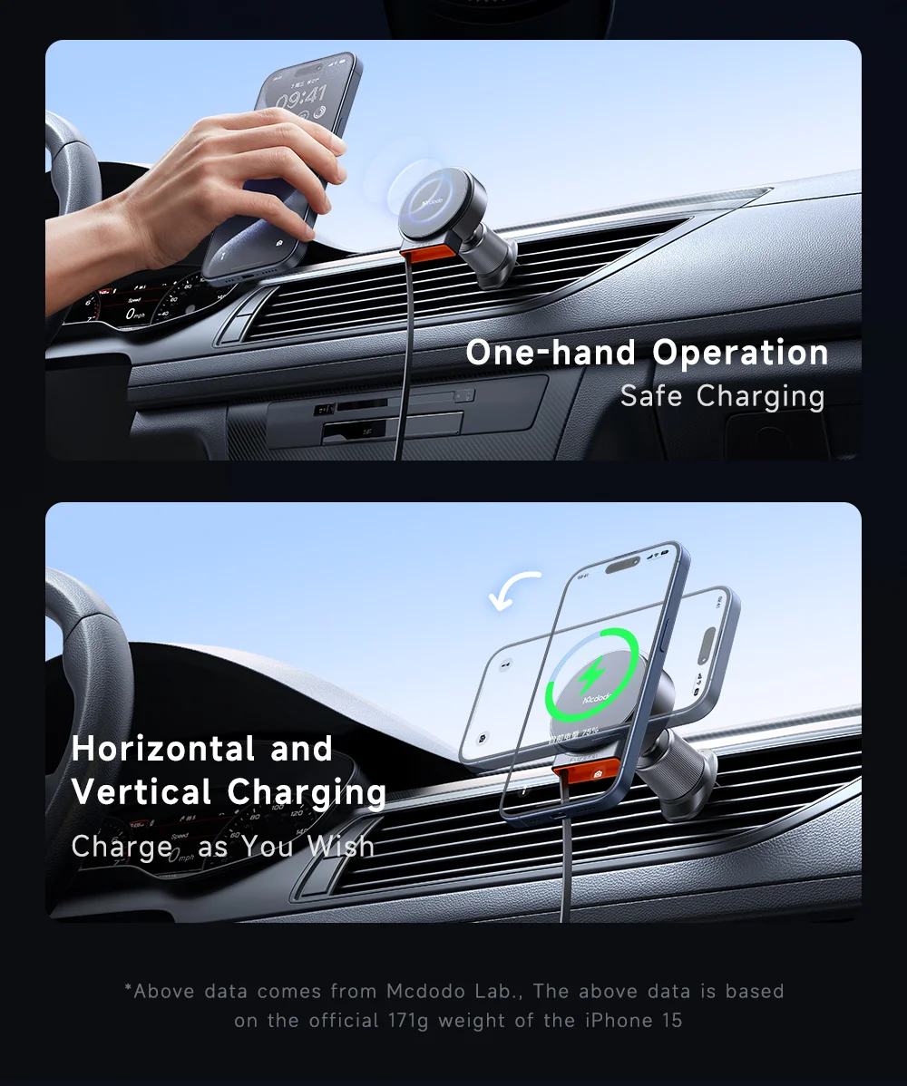 MCDODO CH-3000 Car Air Outlet 15W Magnetic Wireless Car Charger with Built-In Retractable Cable 9