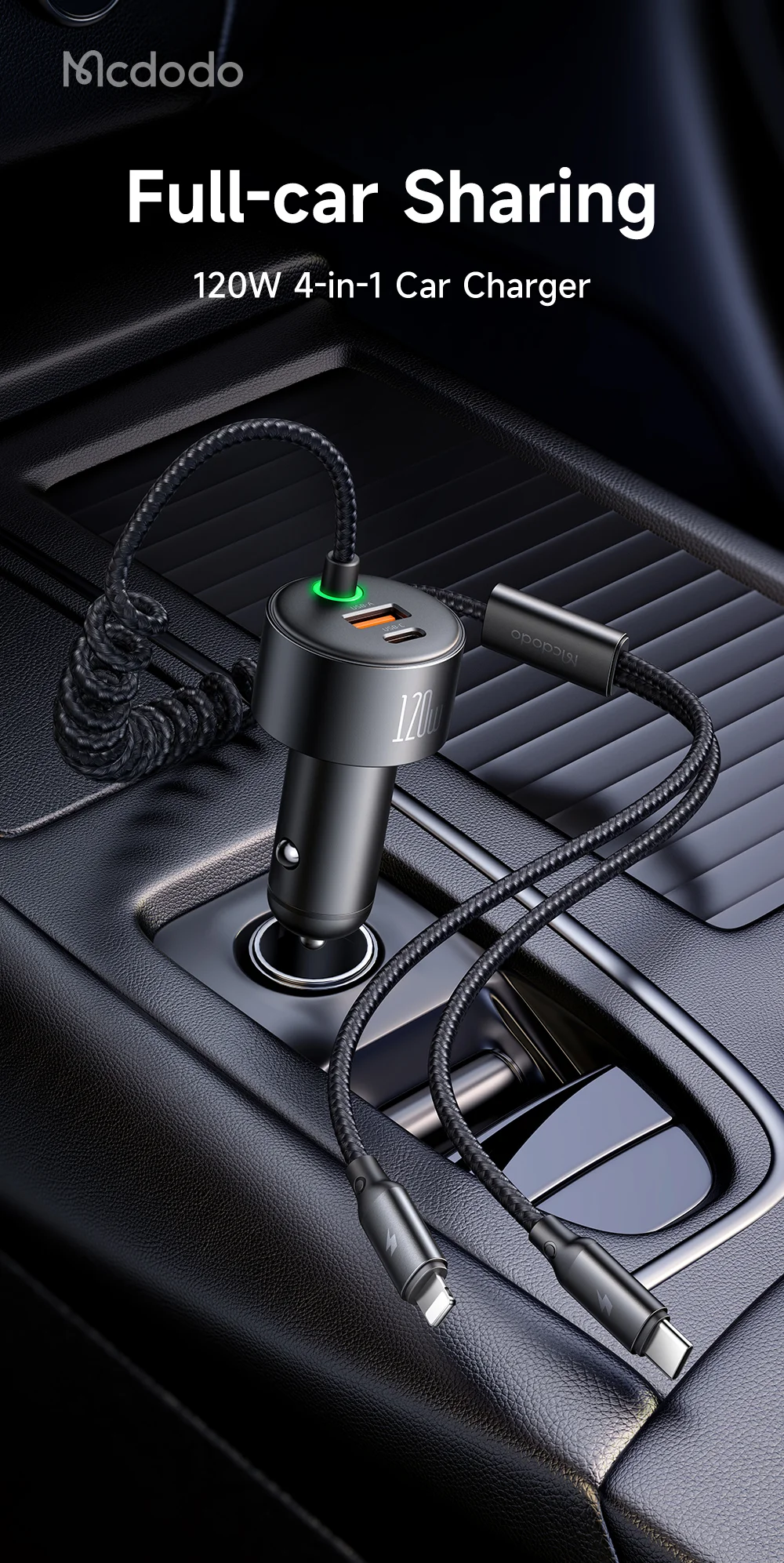MCDODO CC-037 120W Dual Port Car Charger Fast Charging Spring Cable Charger with USB-C  /  iP Cables 1