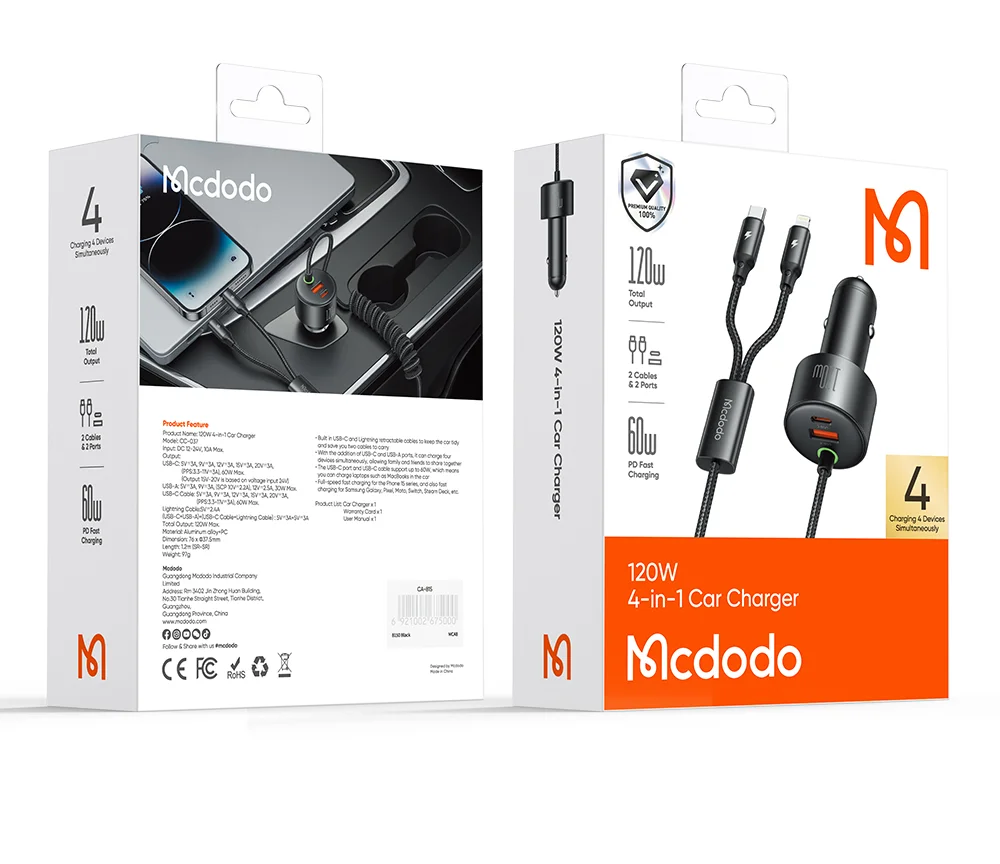 MCDODO CC-037 120W Dual Port Car Charger Fast Charging Spring Cable Charger with USB-C  /  iP Cables 18
