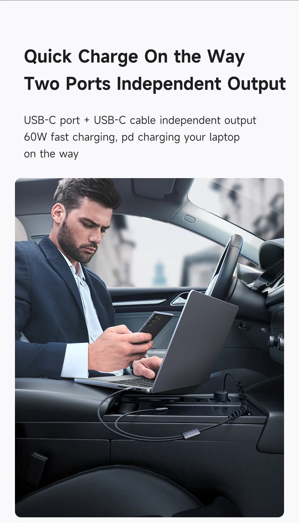 MCDODO CC-037 120W Dual Port Car Charger Fast Charging Spring Cable Charger with USB-C  /  iP Cables 4