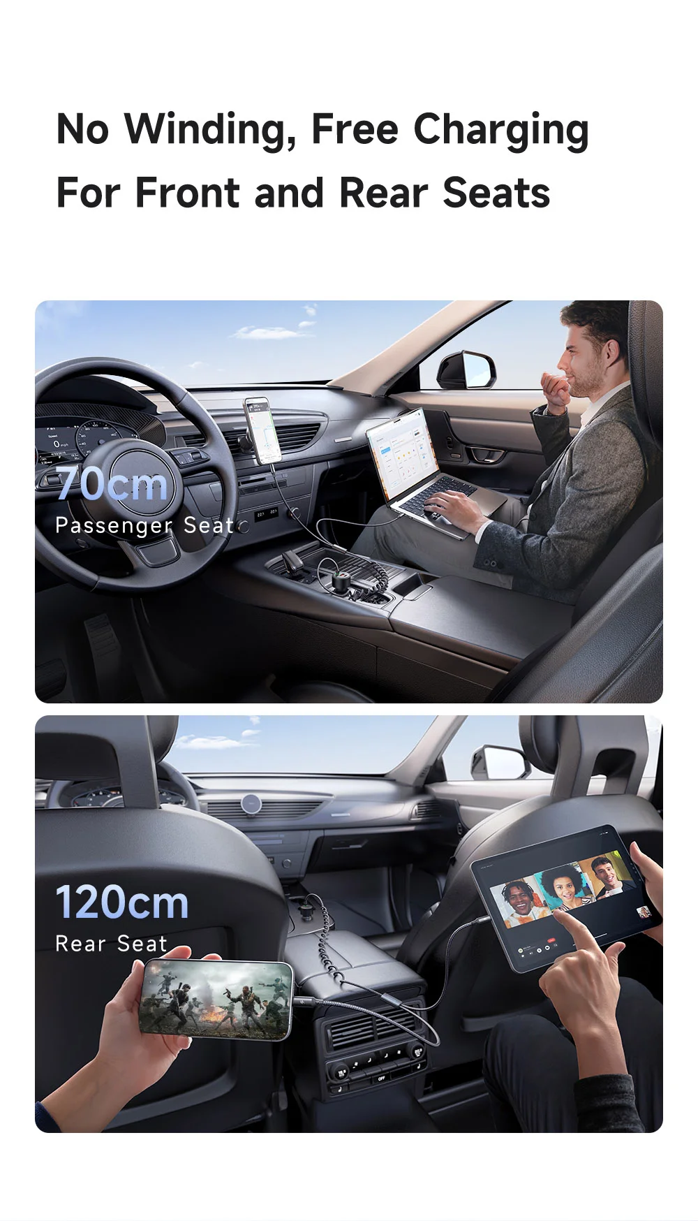 MCDODO CC-037 120W Dual Port Car Charger Fast Charging Spring Cable Charger with USB-C  /  iP Cables 8