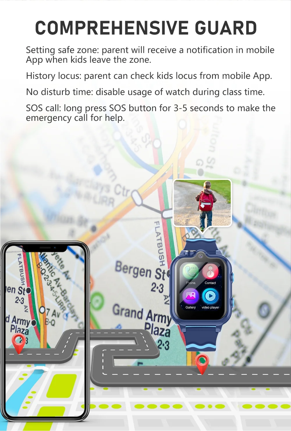 Montre Intelligente Android 8.1 pour Enfants 1Go + 8Go GPS Tracker Caméra 2MP Montre de Sport Supportant WhatsApp - Saphir 7