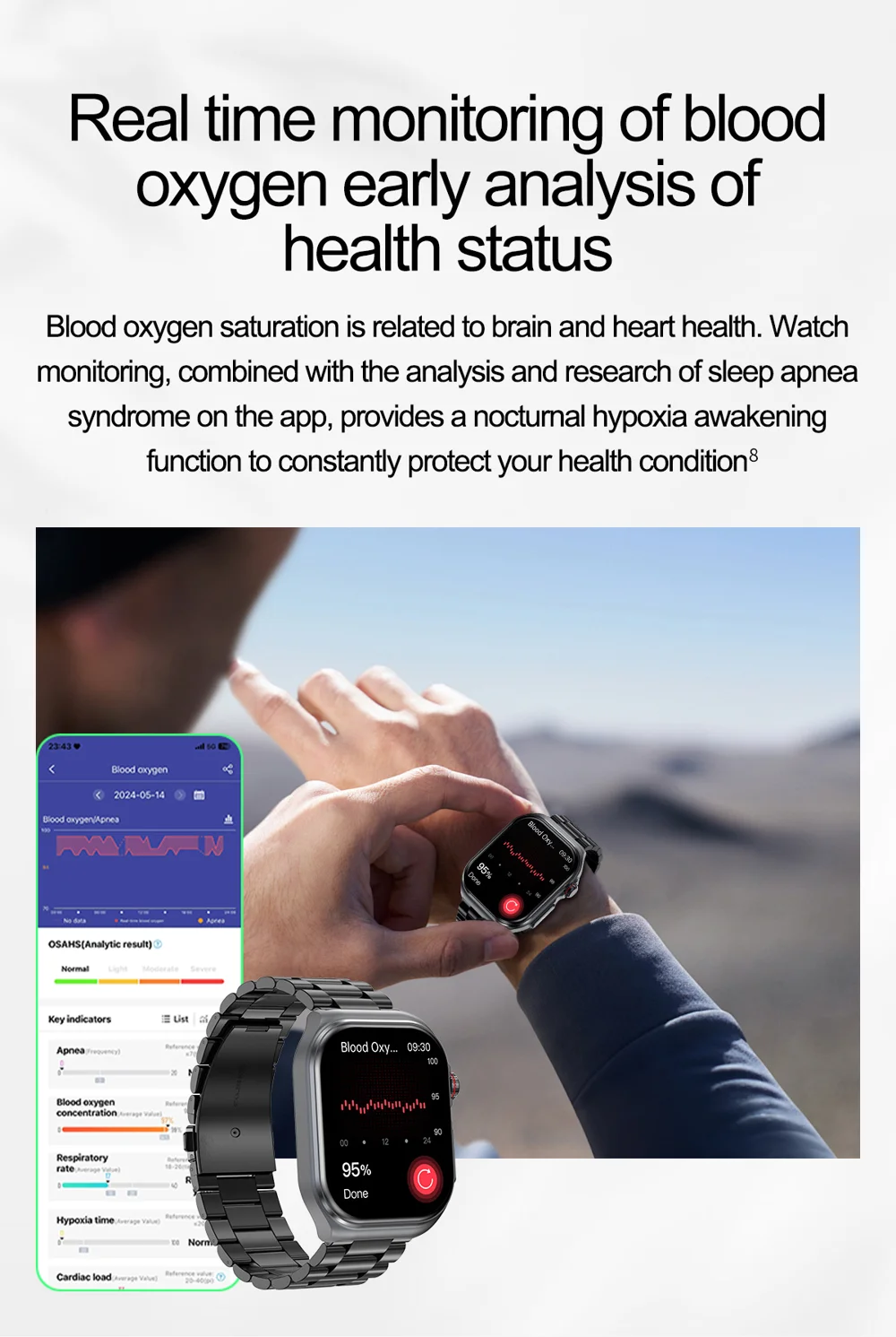 Montre connectée ET585 avec fonction ECG et appel d'urgence SOS, bracelet en acier 11