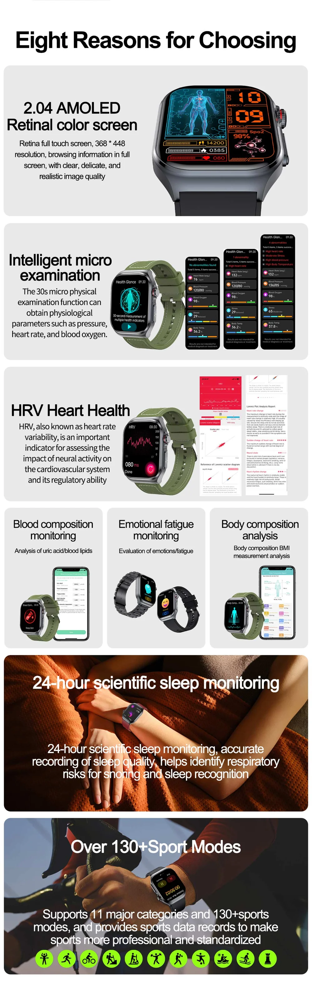Montre connectée ET585 avec fonction ECG et appel d'urgence SOS, bracelet en acier 2