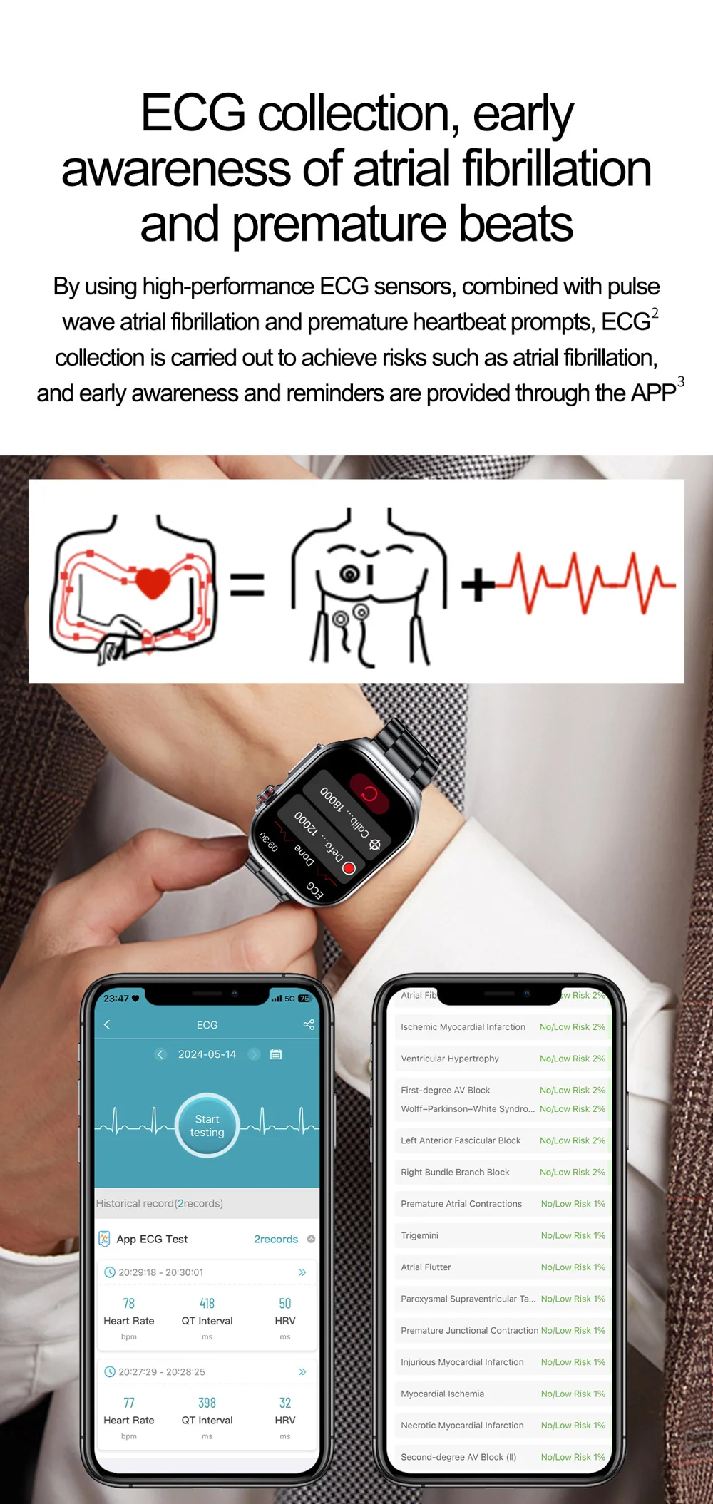 Montre connectée ET585 avec fonction ECG et appel d'urgence SOS, bracelet en acier 6