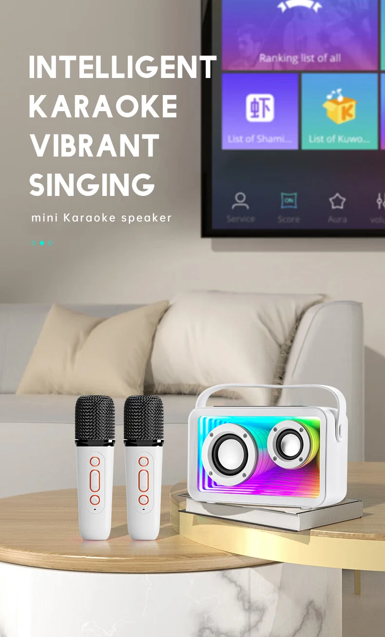 Mini enceinte karaoké d'extérieur Bluetooth Y15 avec éclairage RGB et 2 microphones - Blanc 1