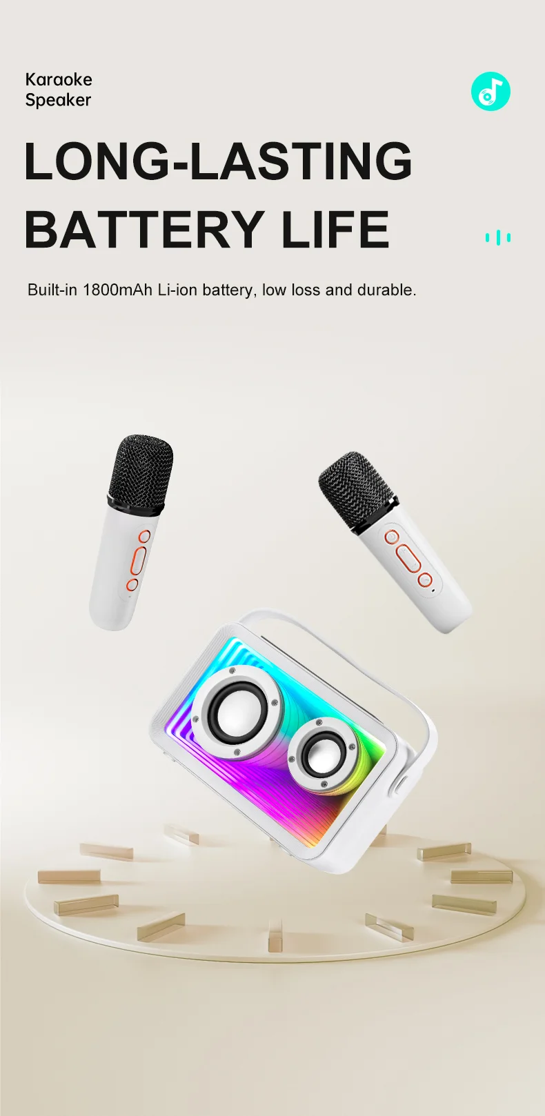 Mini enceinte karaoké d'extérieur Y15 RGB Lighting compatible Bluetooth avec 2 microphones - Blanc 10