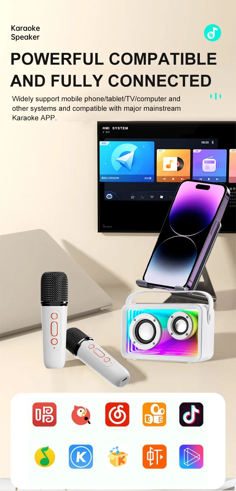 Mini enceinte karaoké d'extérieur Y15 RGB Lighting compatible Bluetooth avec 2 microphones - Blanc 11