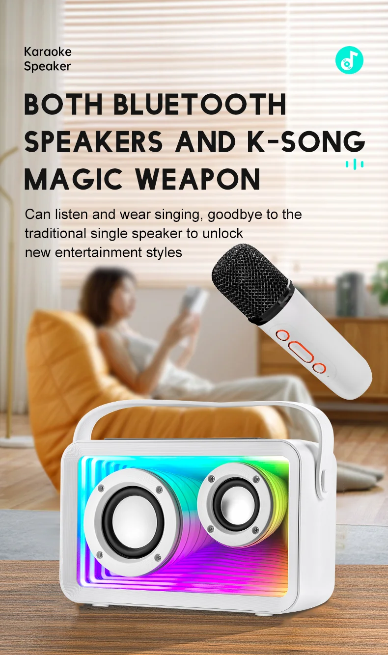 Mini enceinte karaoké d'extérieur Y15 RGB Lighting compatible Bluetooth avec 2 microphones - Blanc 4