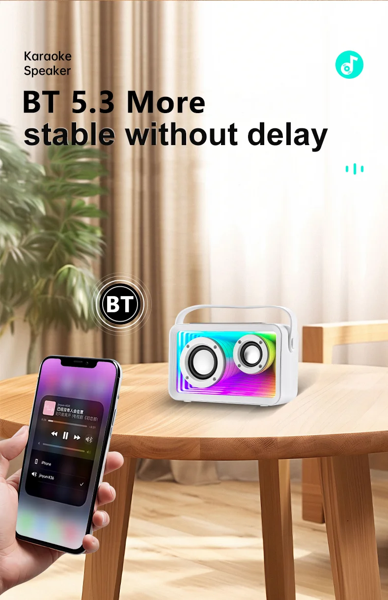 Mini enceinte karaoké d'extérieur Y15 RGB Lighting compatible Bluetooth avec 2 microphones - Blanc 5