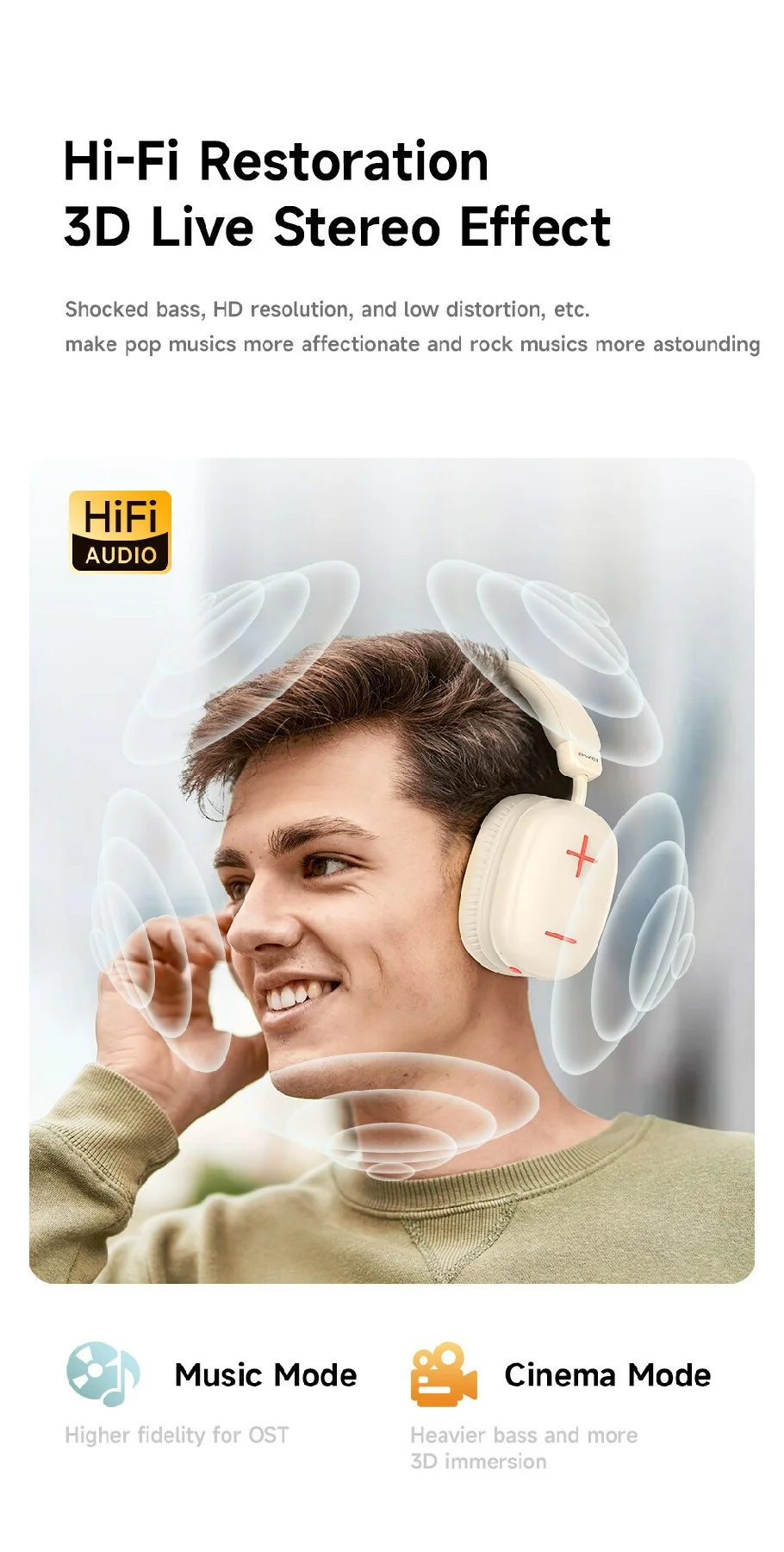 AWEI AT6 Wireless Bluetooth-compatible Gaming Headset 3.5mm AUX Wired Earphone Headphone - Beige 4
