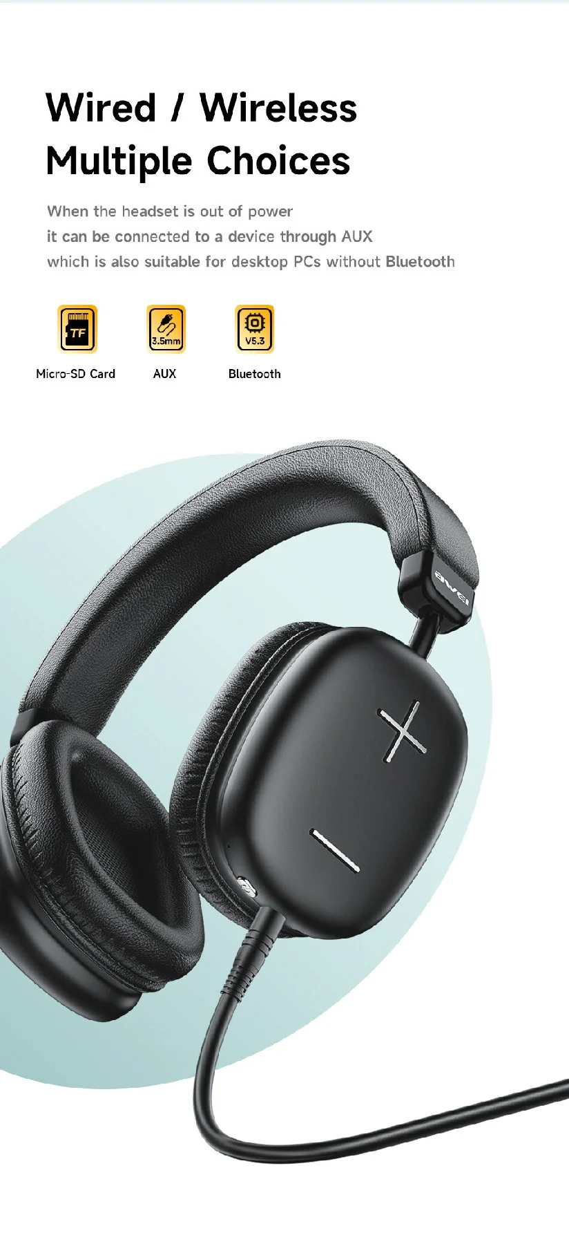 AWEI AT6 Wireless Bluetooth-compatible Gaming Headset 3.5mm AUX Wired Earphone Headphone - Beige 7