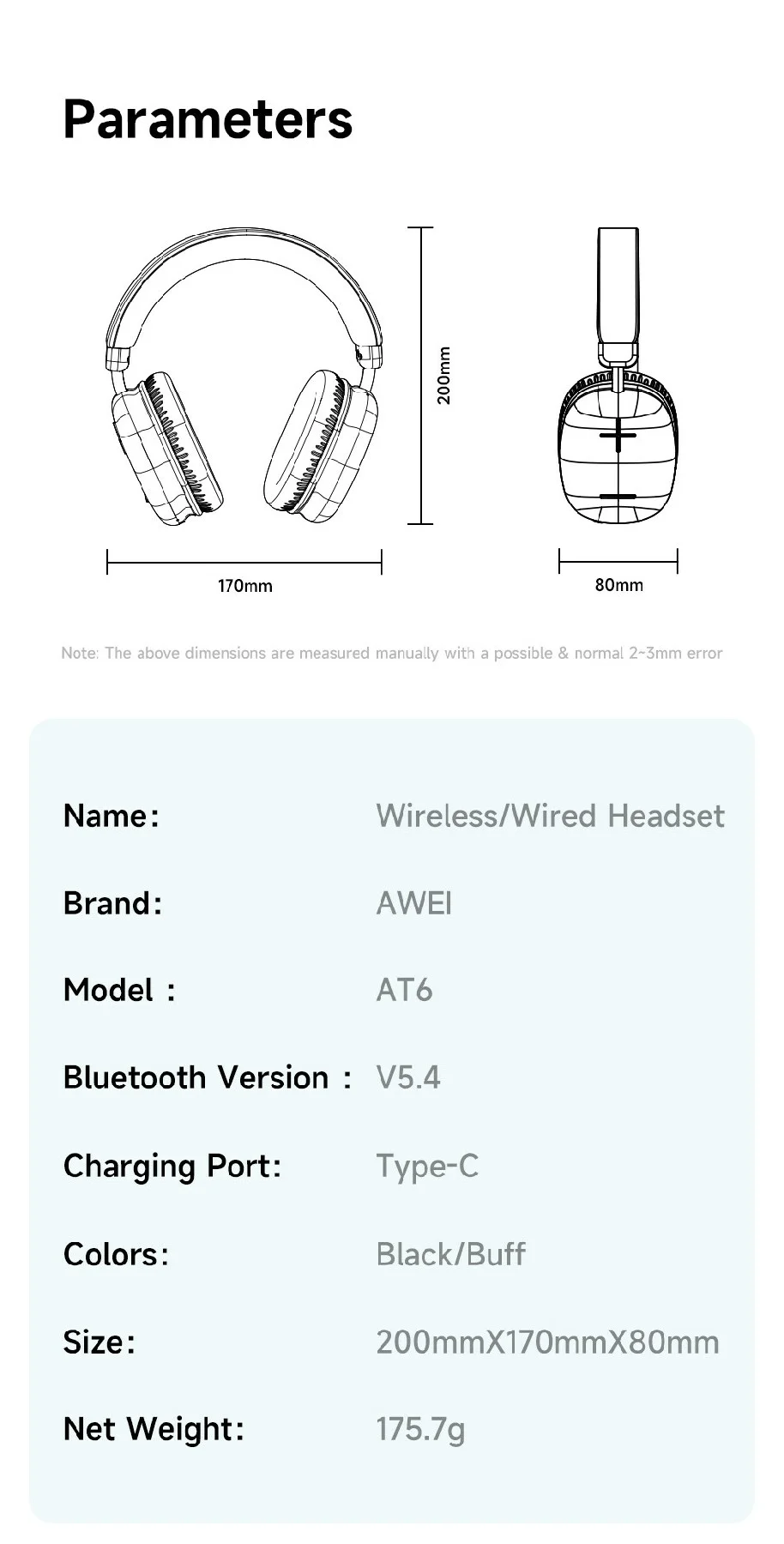 AWEI AT6 Wireless Bluetooth-compatible Gaming Headset 3.5mm AUX Wired Earphone Headphone - Beige 8