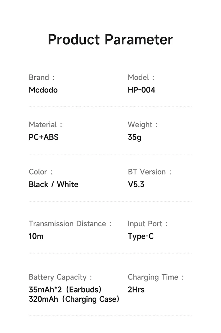 MCDODO HP-0041 In-Ear TWS Bluetooth-compatible Headphones Immersive Sound True Wireless Earbuds - Black 16