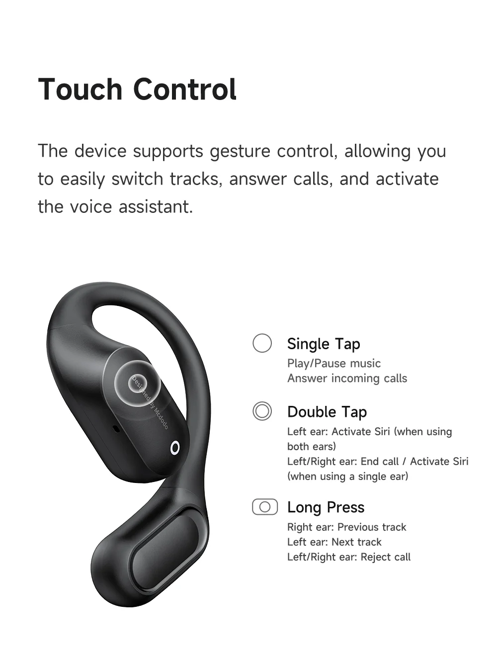 MCDODO HP-007 Open-Ear True Wireless Earbuds with LED Display BT Headphones IPX4 Water Resistant - Black 5