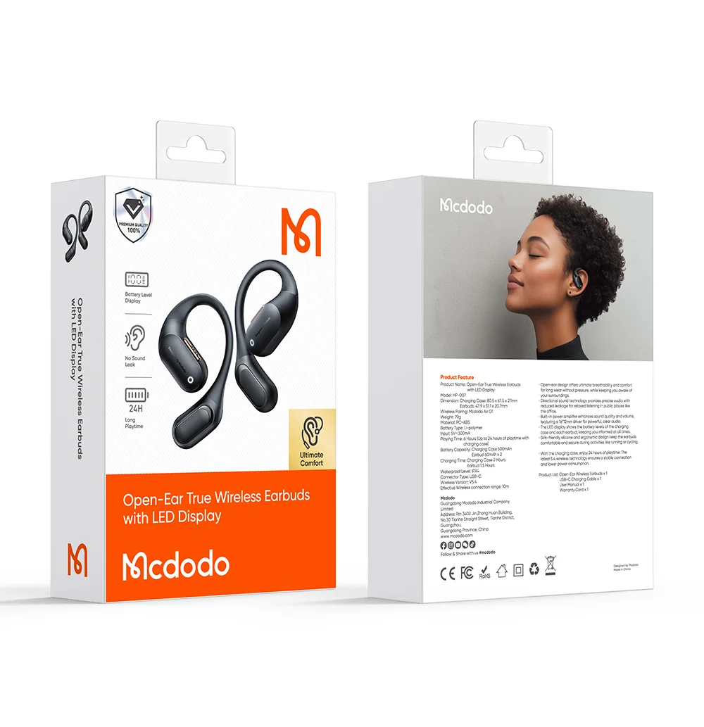 MCDODO HP-007 Open-Ear True Wireless Earbuds with LED Display BT Headphones IPX4 Water Resistant - Black 8