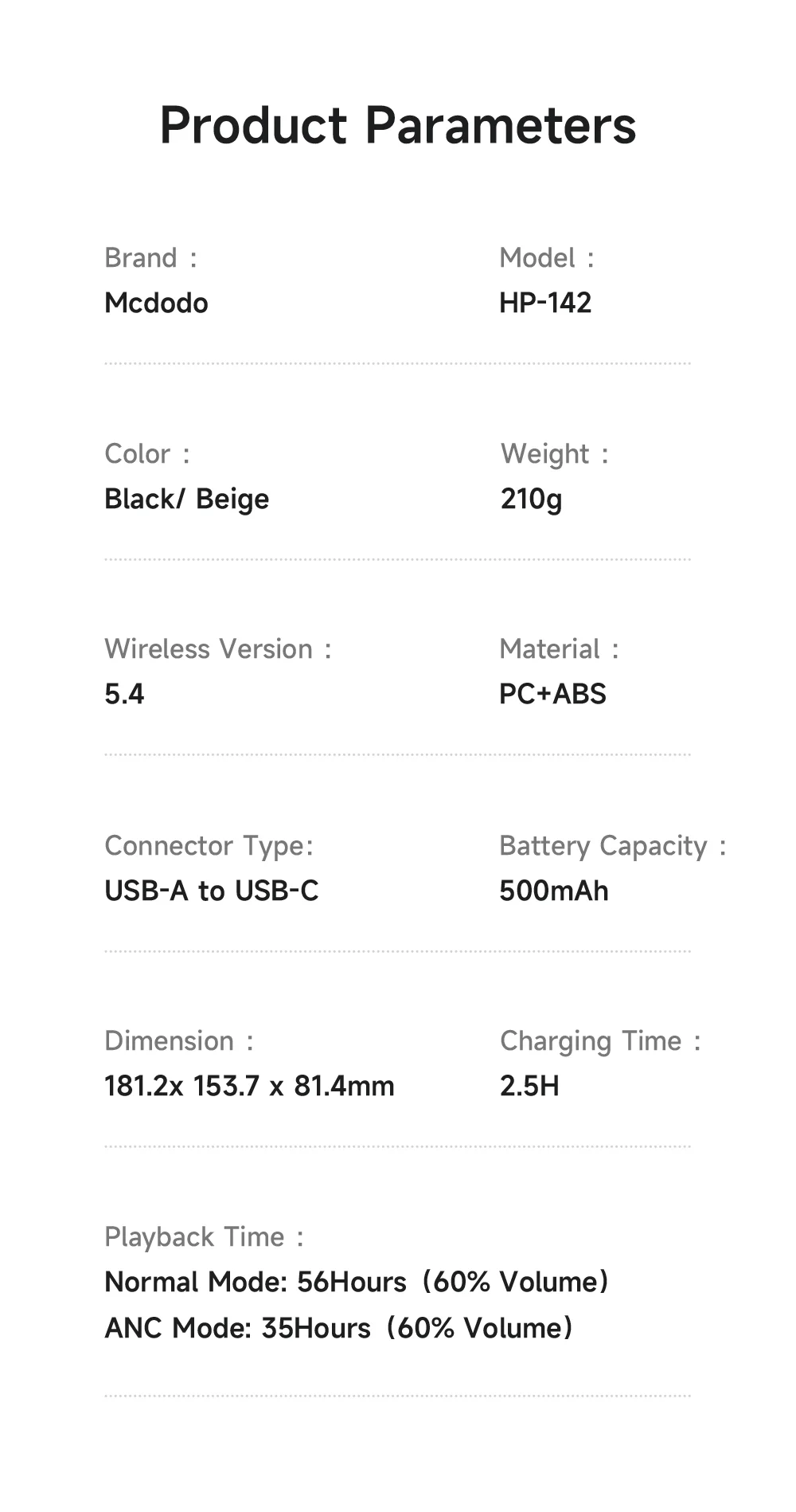 MCDODO HP-142 Superior Active Noise Cancelling Over Ear Headphones Bluetooth-compatible Headset - Beige 7