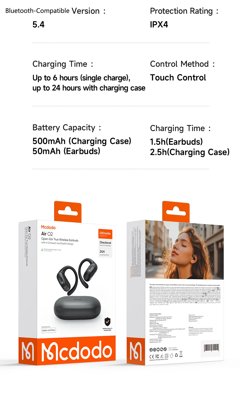 MCDODO HP-805 Air O2 Open Ear True Wireless Earbuds Bluetooth-compatible Music Earphones - Black 8