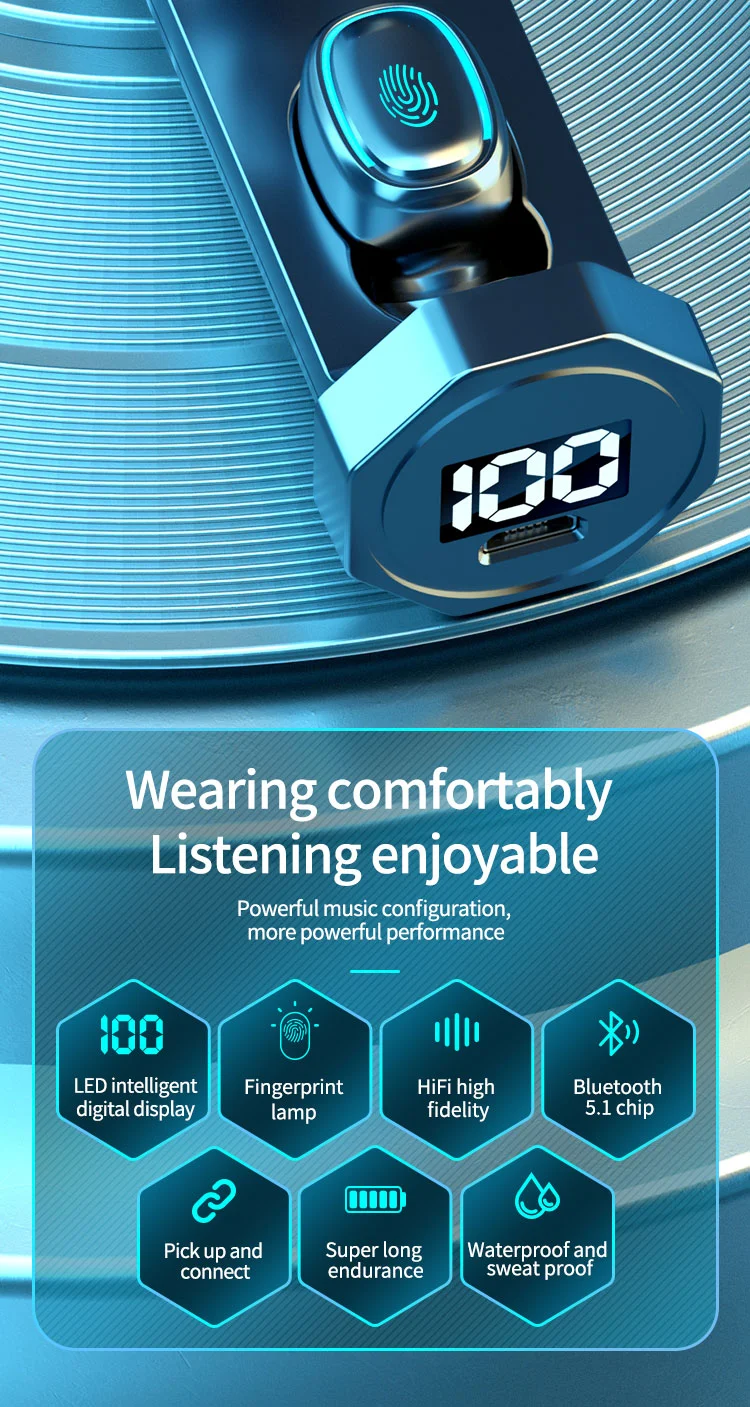 C1 Wireless Bluetooth-compatible Earbuds Water Resistant Sports Headphone Touch Control Headset with LED Digital Display - Black 2