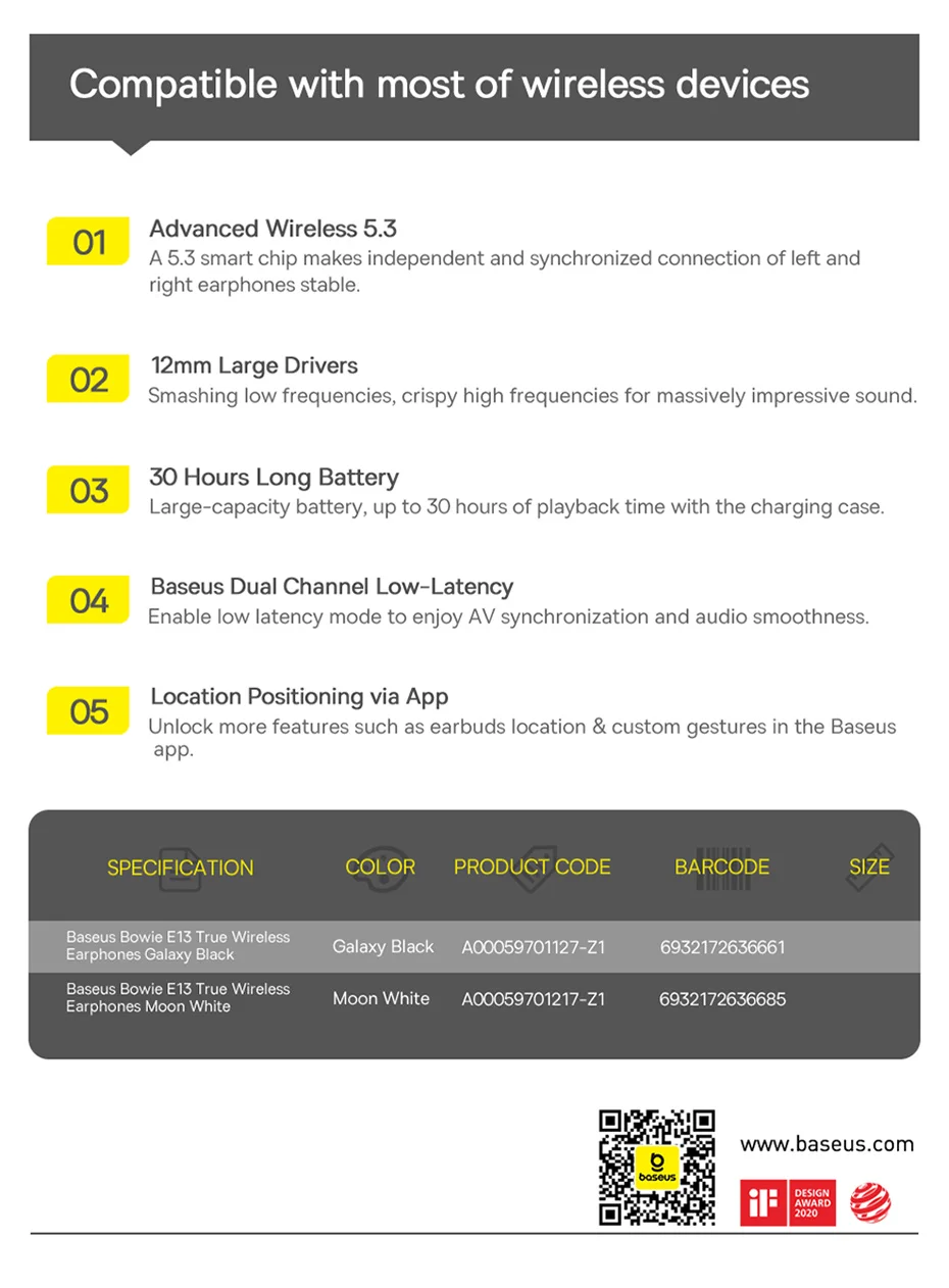 BASEUS Bowie E13 True Wireless Earphones Bluetooth 5.3 Headset Portable Low-Latency Headphones with 0.3m 3A Type-C Cable, Black 15