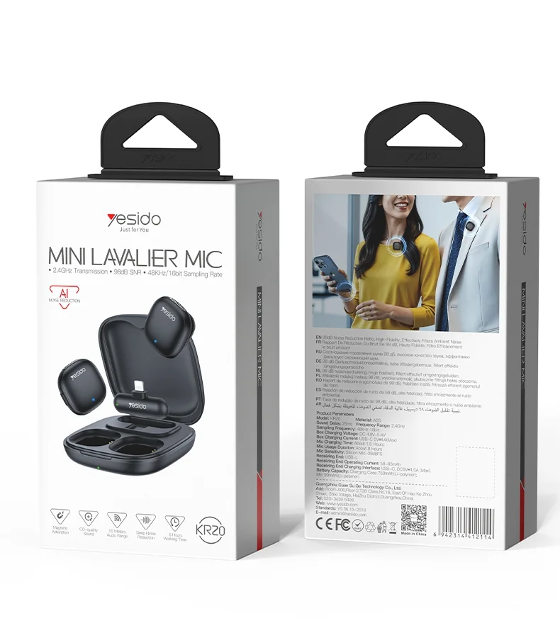 YESIDO KR20 iP Plug High Fidelity Audio Wireless Lapel Mic AI Noise Cancelling Lavalier Microphone 14