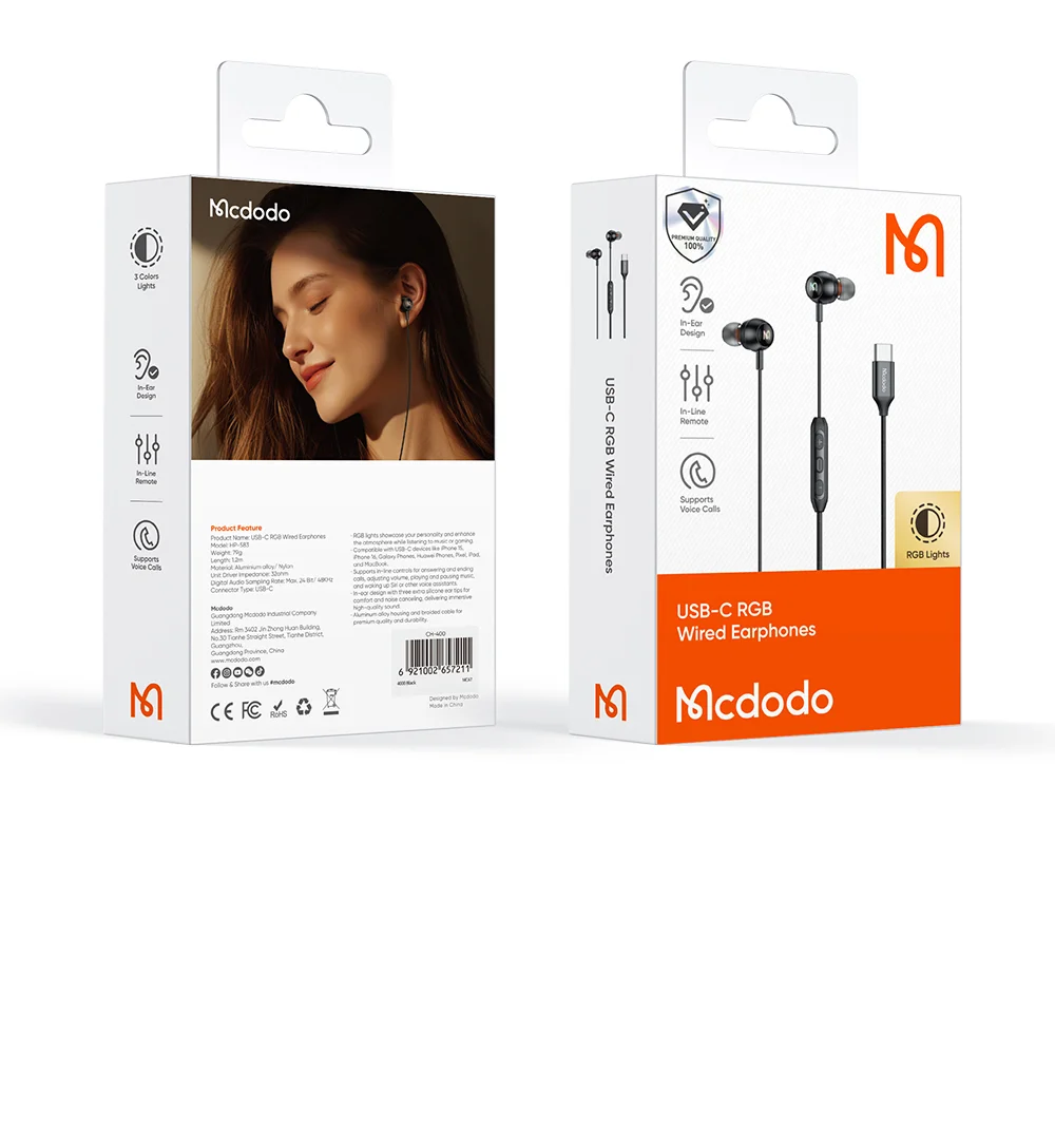 MCDODO HP-5830 USB C Digital Audio Earphones with RGB Lights Type C Wired Earbuds 7