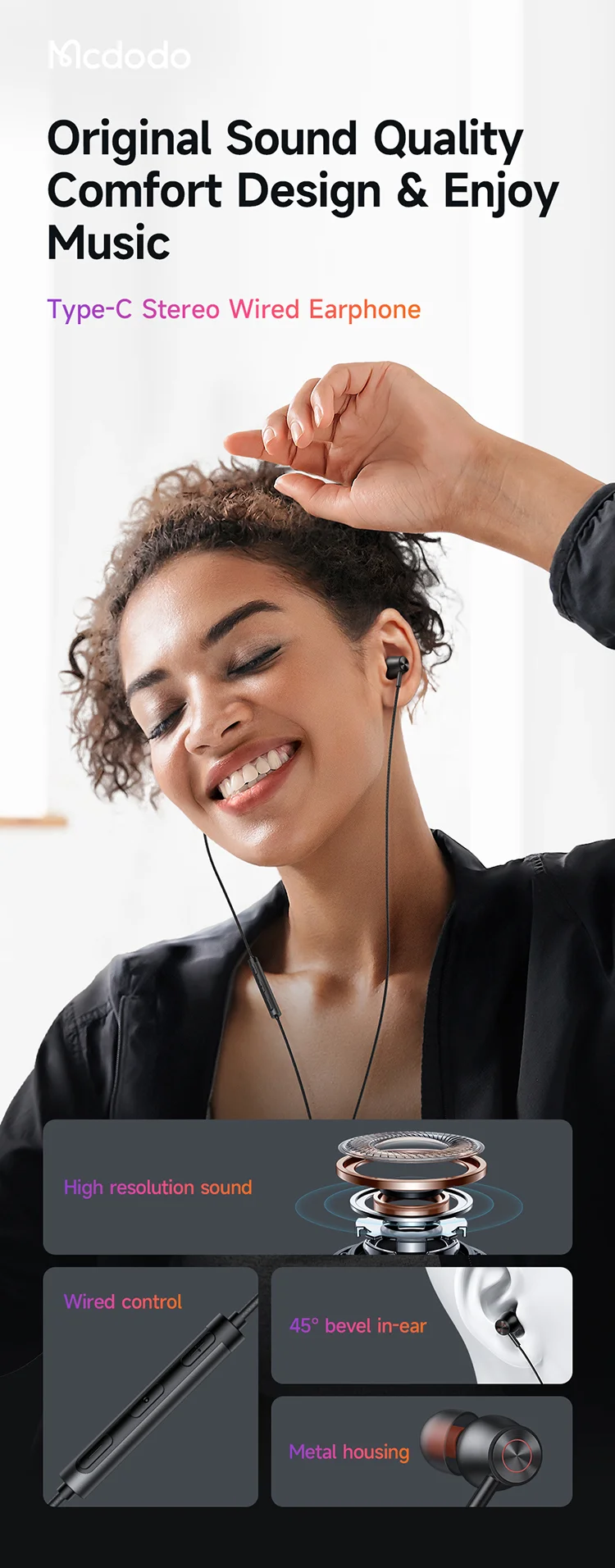 MCDODO HP-3490 MDD HiFi Stereo Wired Headphone Type-C Earphone with Mic and Volume Control - Black 1