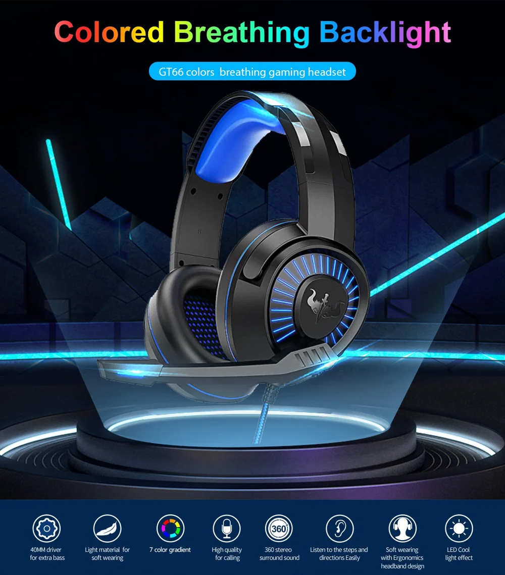 OVLENG GT66 RGB Gaming Headset Head-mounted Headphones with Noise-canceling Microphone, USB+3.5mm Plug - Black  /  Blue 1