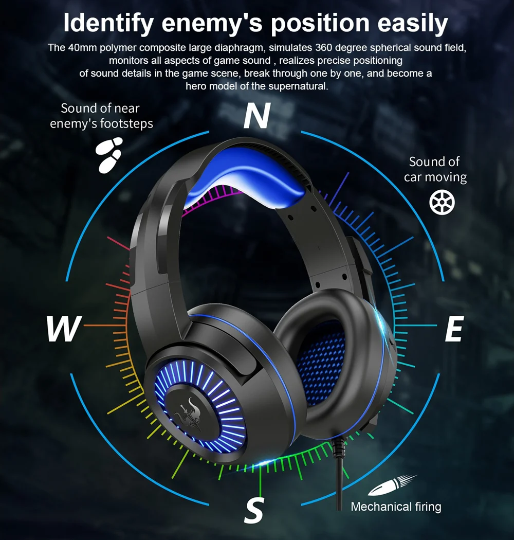 OVLENG GT66 RGB Gaming Headset Head-mounted Headphones with Noise-canceling Microphone, USB+3.5mm Plug - Black  /  Blue 2