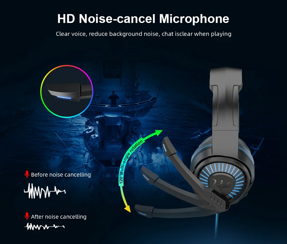 OVLENG GT66 RGB Gaming Headset Head-mounted Headphones with Noise-canceling Microphone, USB+3.5mm Plug - Black  /  Blue 6