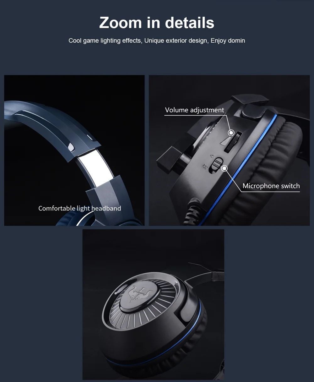 OVLENG GT66 RGB Gaming Headset Head-mounted Headphones with Noise-canceling Microphone, USB+3.5mm Plug - Black  /  Blue 8