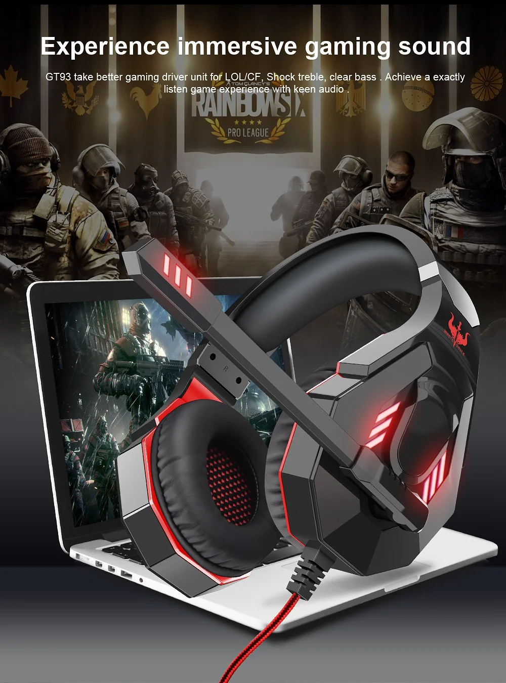 OVLENG GT93 LED Lighting E-Sport Headphones Head-mounted Gaming Headset with Clip-on Remote Control, USB+3.5mm Plug - Black  /  Blue 3