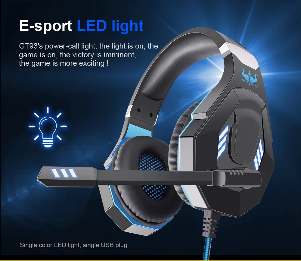 OVLENG GT93 LED Lighting E-Sport Headphones Head-mounted Gaming Headset with Clip-on Remote Control, USB+3.5mm Plug - Black  /  Blue 9